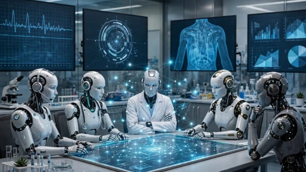 Microsoft MAI-DxO AI clinician panel debating a diagnosis around a case board in a hospital research lab