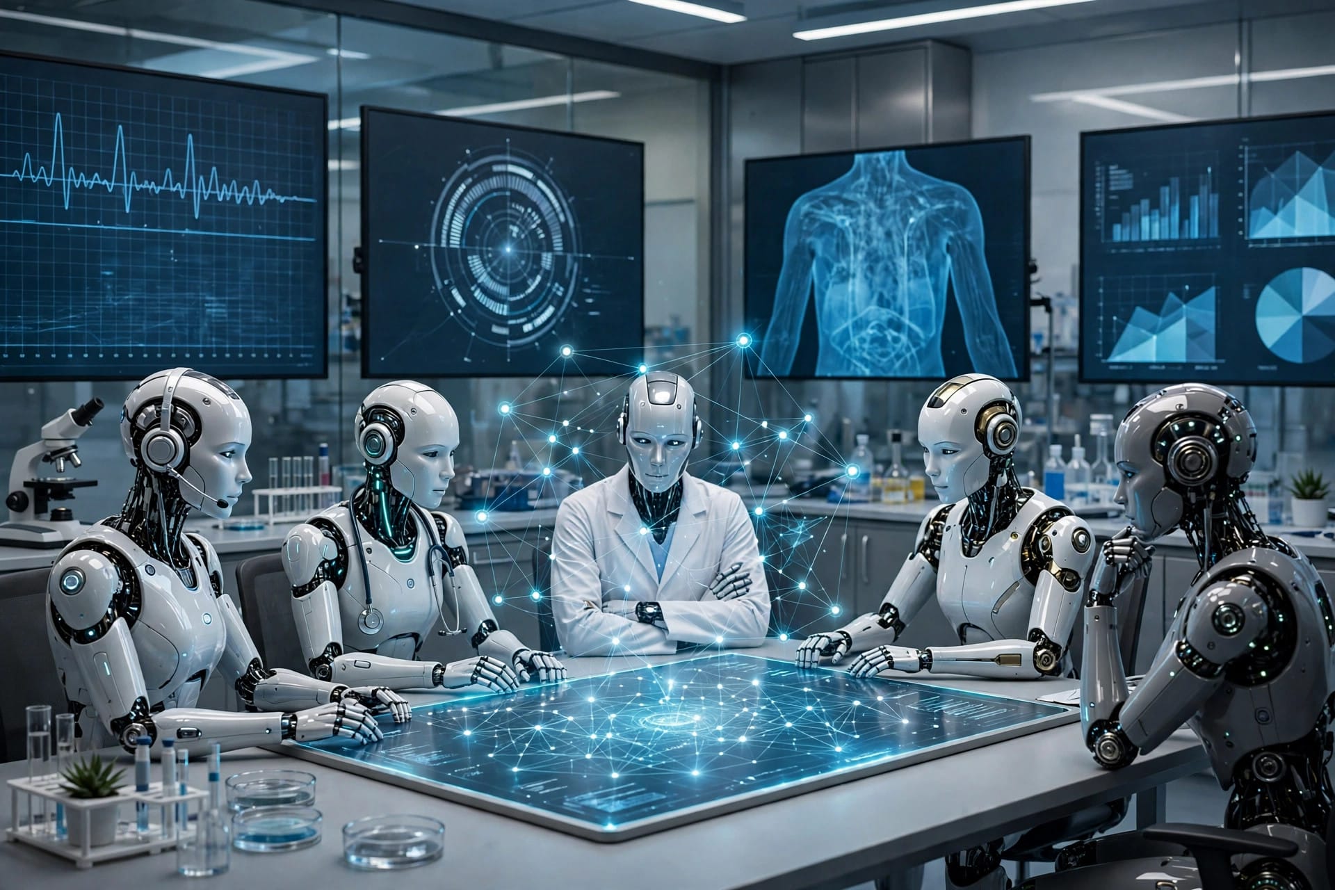 Microsoft MAI-DxO AI clinician panel debating a diagnosis around a case board in a hospital research lab
