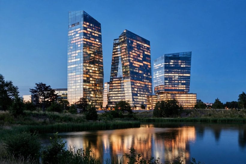 Glass office towers lit at dusk
