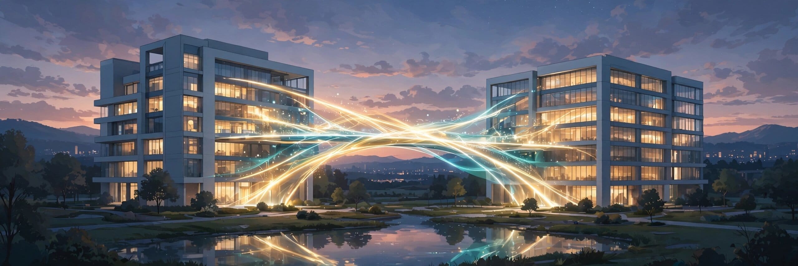 Two office buildings joined by streams of light at dusk