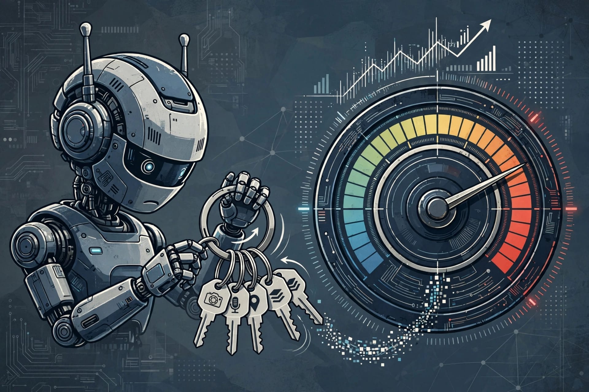 Risk gauge shrinking an AI agent's permission keys as its risk score rises in Project Perception