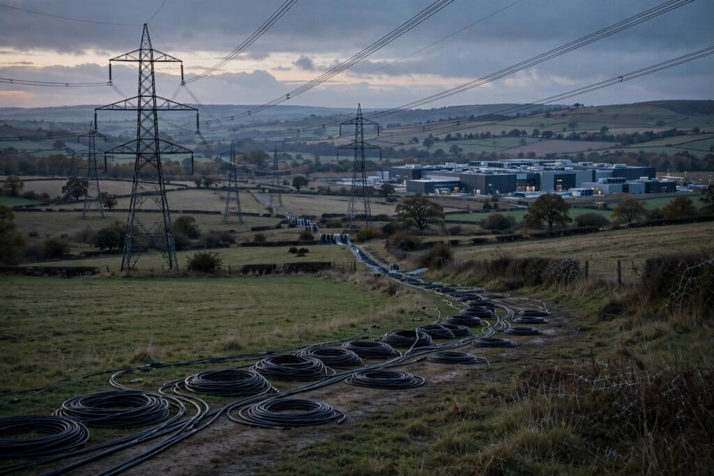 Power transmission towers carrying electricity toward a distant AI data centre at dusk