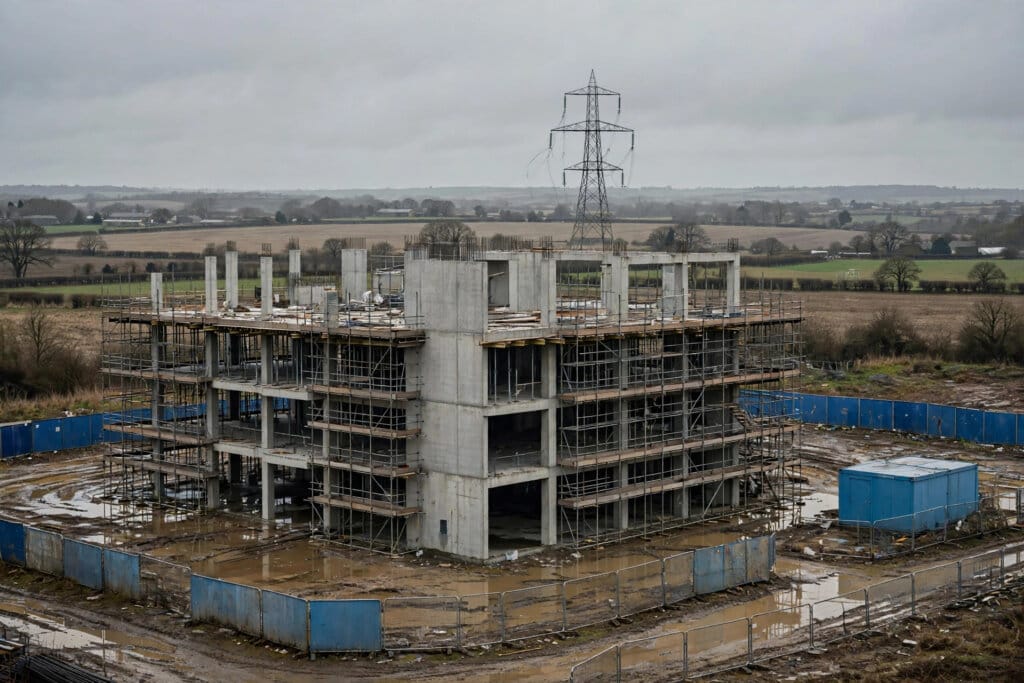 Unfinished data centre construction site in Essex with a disconnected power pylon behind it