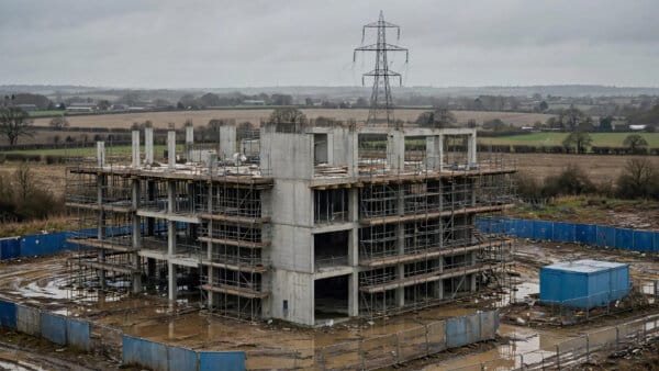Unfinished data centre construction site in Essex with a disconnected power pylon behind it