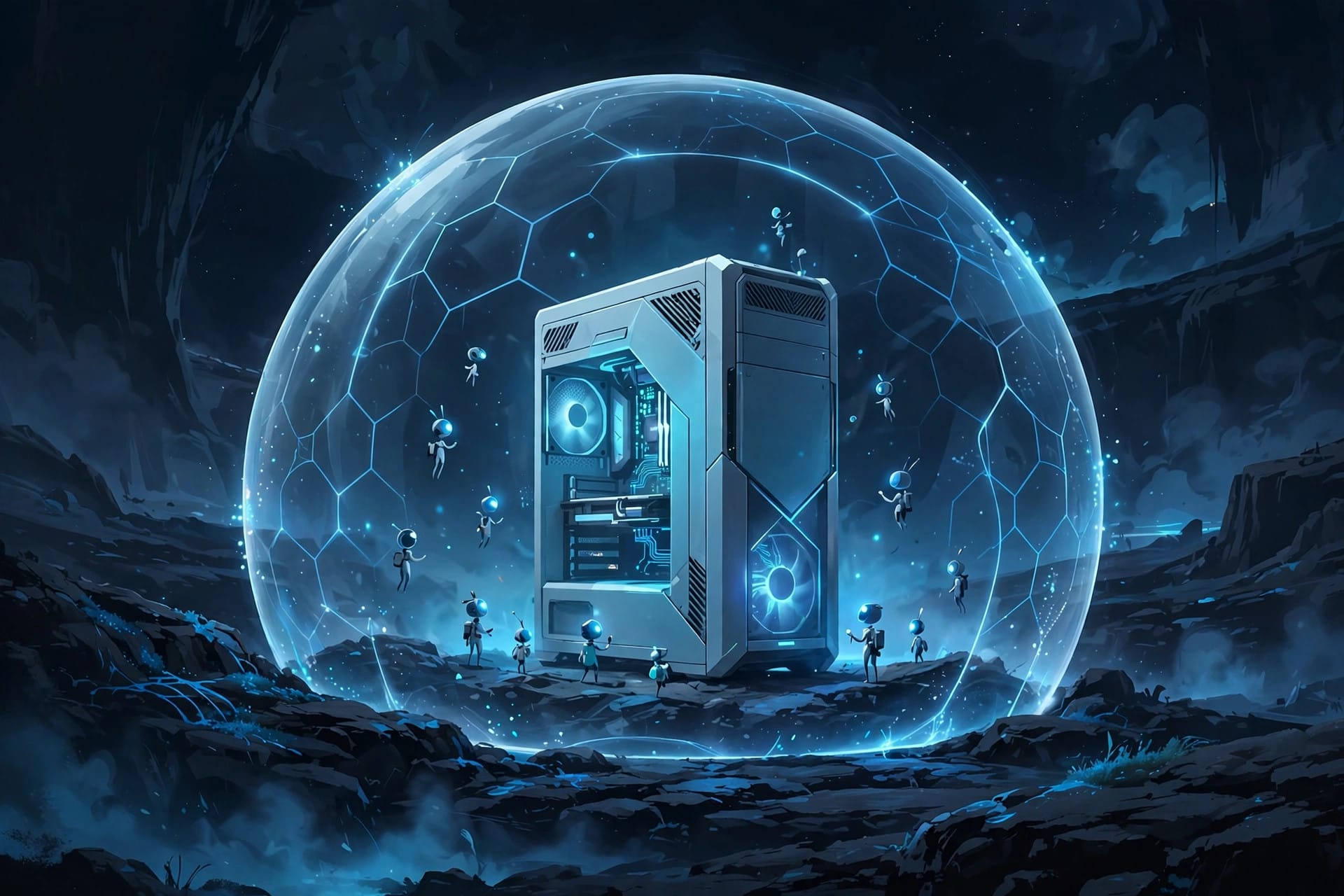 A desktop computer inside a translucent protective shield with small agent figures kept inside