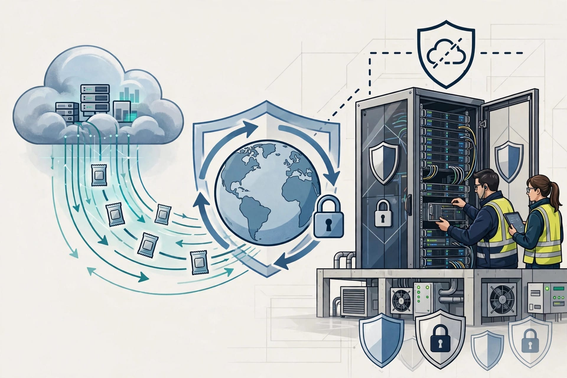 Engineers running a local Azure Local AI cloud rack in disconnected mode with shield and lock controls for Microsoft Sovereign Private Cloud