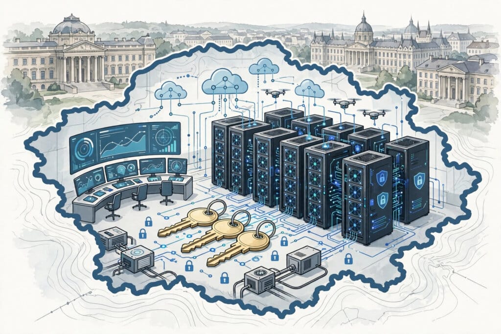 Sovereign cloud data centre inside a national border outline with encryption keys and AI servers under local control for Microsoft Sovereign Cloud