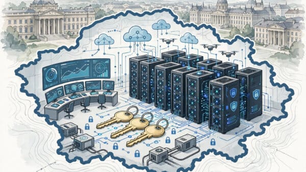 Sovereign cloud data centre inside a national border outline with encryption keys and AI servers under local control for Microsoft Sovereign Cloud