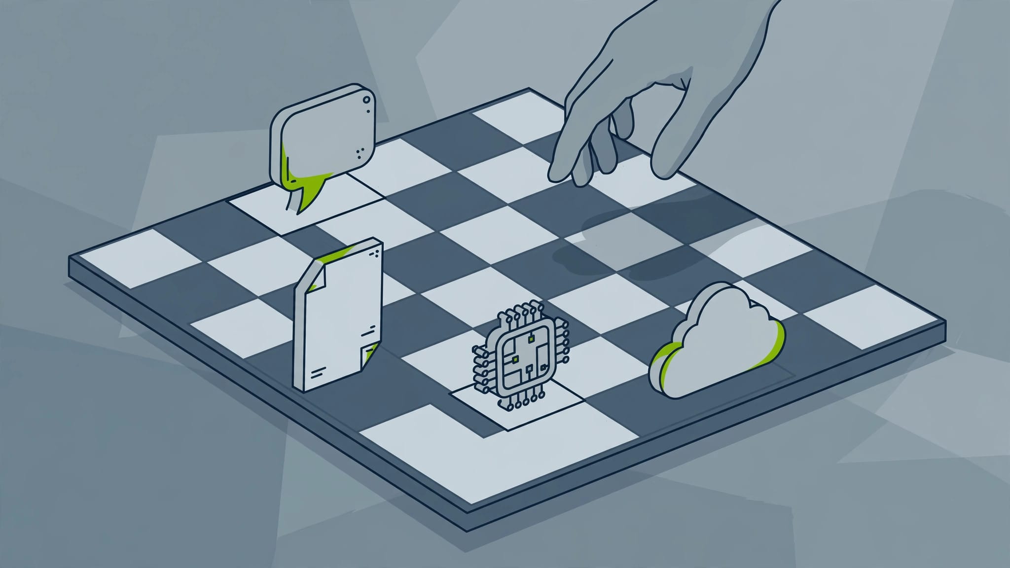 Illustration of a chessboard with cloud, chip and document pieces, representing Microsoft's AI strategy
