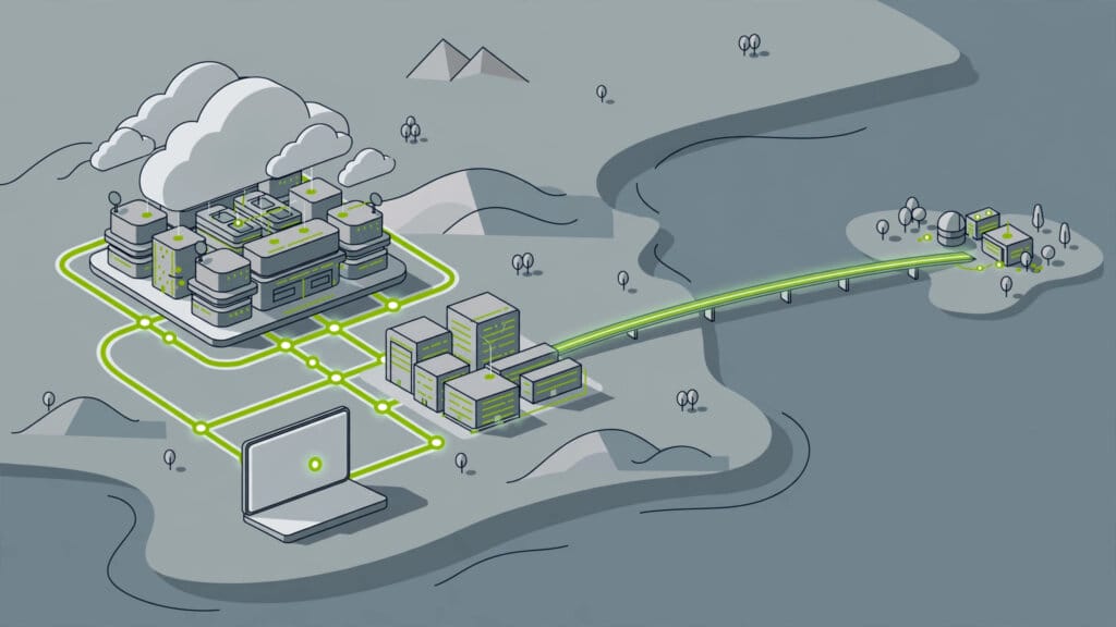 Illustration of a connected empire of cloud data centres and offices, with a bridge to a smaller lab representing Microsoft's OpenAI partnership
