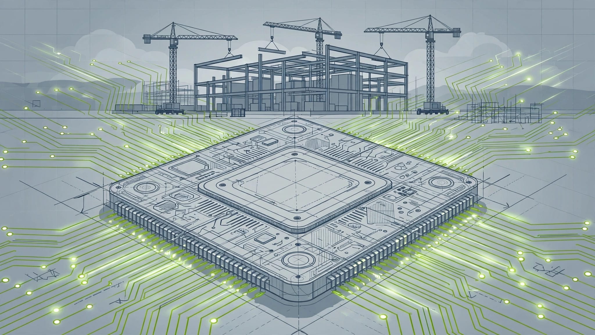 Illustration of a microchip drawn like a blueprint, with cranes building a data centre behind it, representing Microsoft's silicon programme