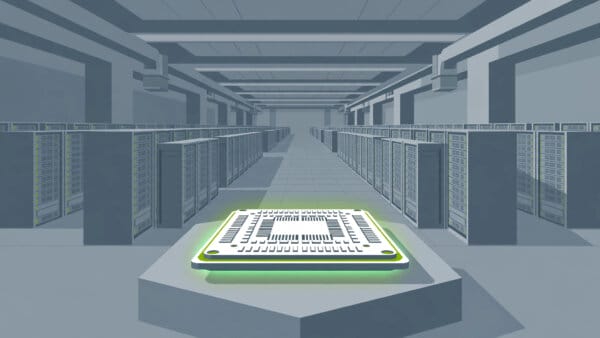 Illustration of a vast Microsoft data centre hall with rows of servers and one oversized glowing custom AI chip in the foreground