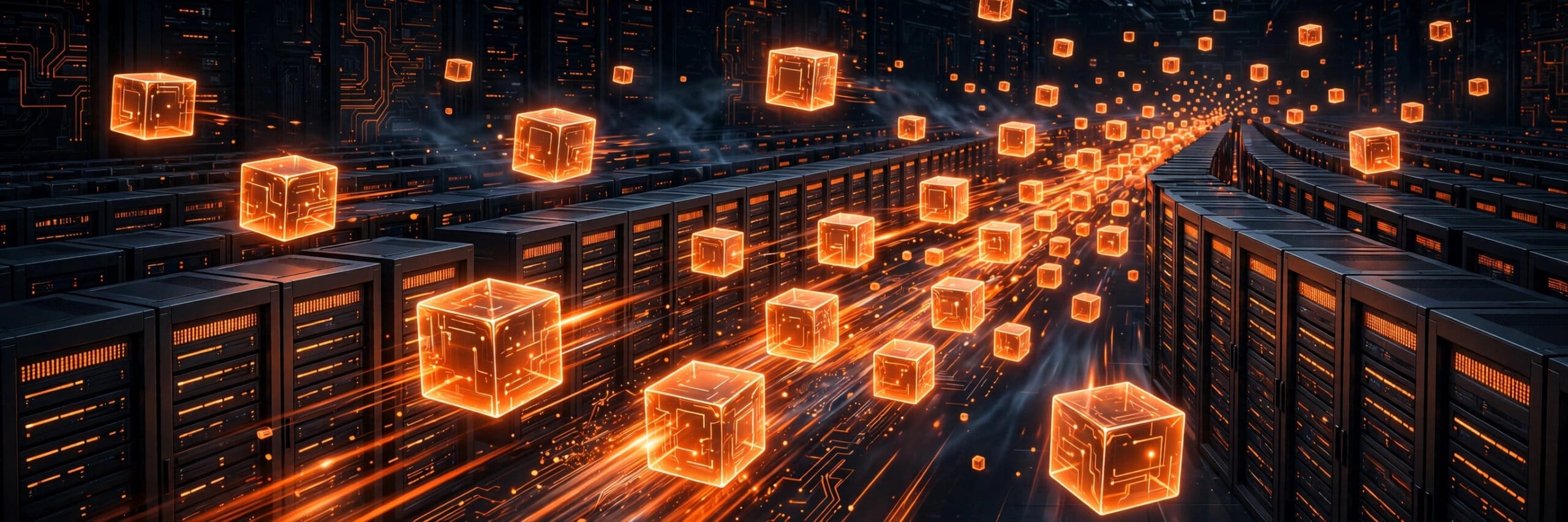 Glowing cubes of model weights served by rows of inference servers — M3.1 Flash running on SGLang and vLLM after its open release