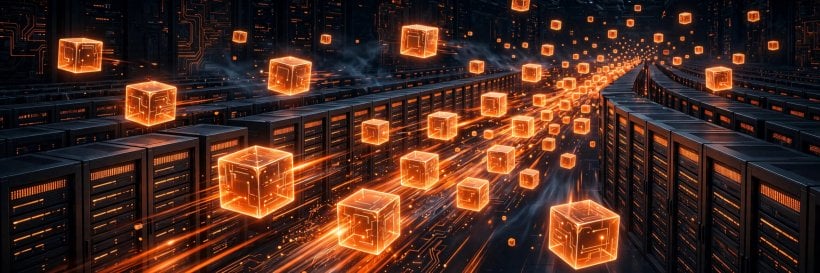 Glowing cubes of model weights served by rows of inference servers — M3.1 Flash running on SGLang and vLLM after its open release