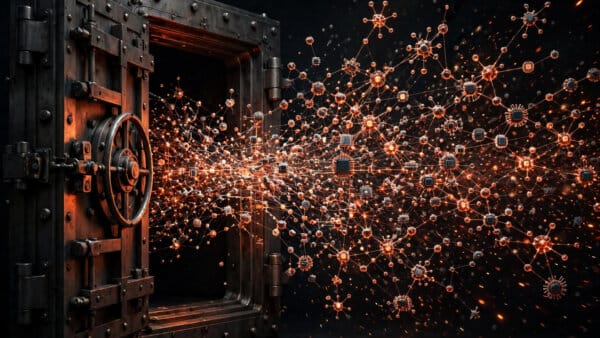 An opening vault door releasing a glowing network of expert nodes — MiniMax publishing the M3.1 Flash weights openly on Hugging Face