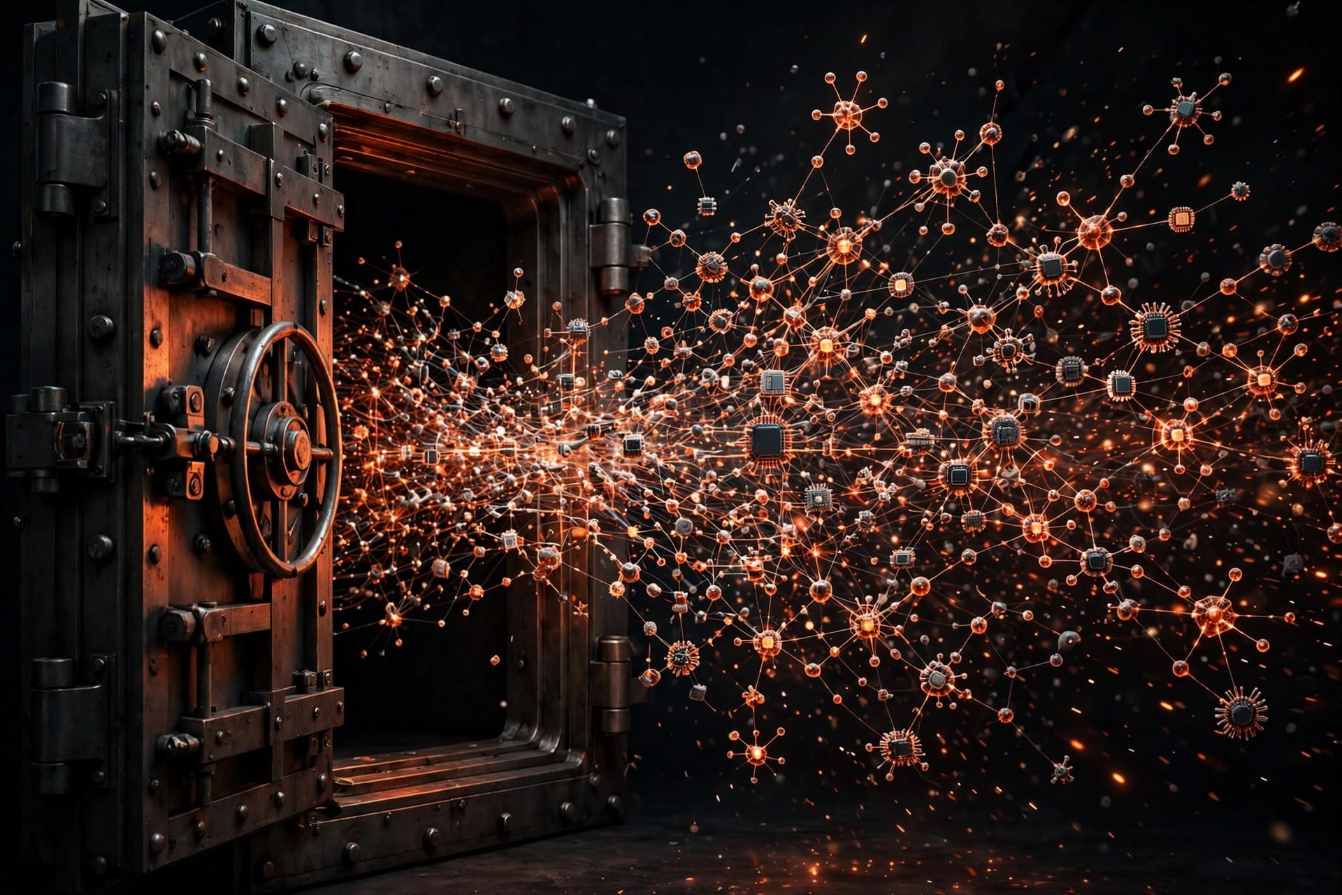 An opening vault door releasing a glowing network of expert nodes — MiniMax publishing the M3.1 Flash weights openly on Hugging Face