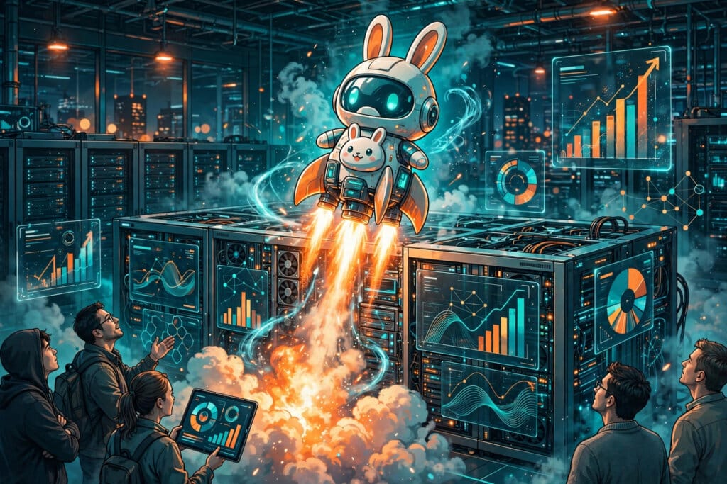MiniMax M3.1 Flash launch with its Space Bunny stealth model rocket mascot lifting off from a data centre