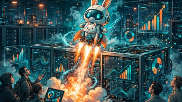 MiniMax M3.1 Flash launch with its Space Bunny stealth model rocket mascot lifting off from a data centre