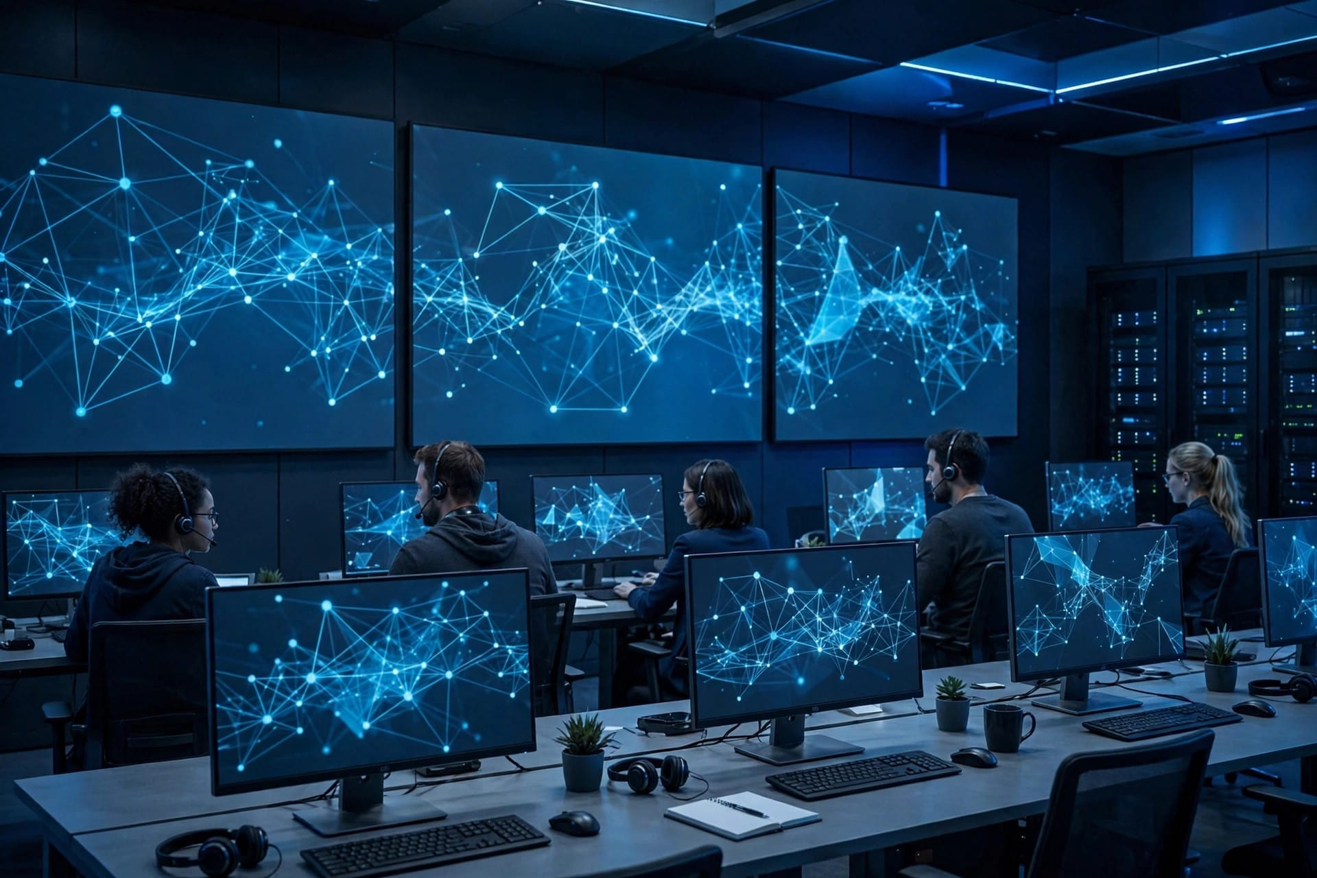 Analysts in a dark security operations room facing screens with abstract network diagrams