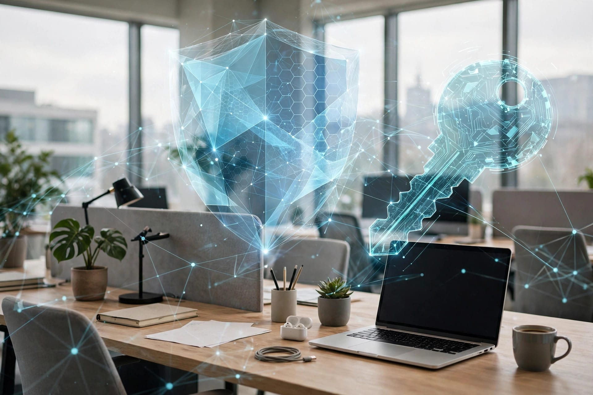 Glowing digital shield and key floating above a modern office desk with a laptop