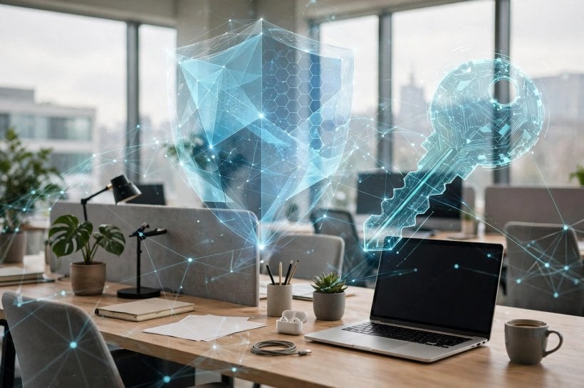 Glowing digital shield and key floating above a modern office desk with a laptop