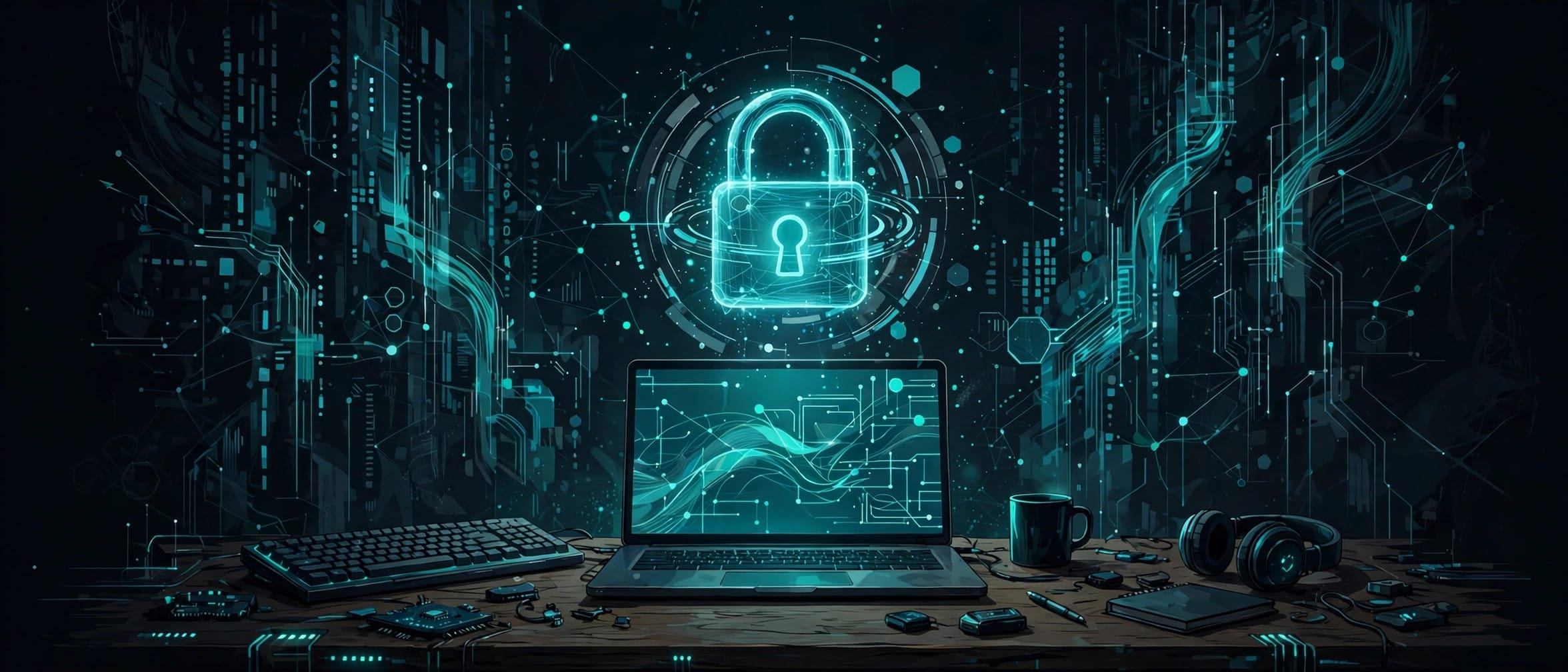 Cybersecurity desk with a laptop and a glowing padlock hologram above it