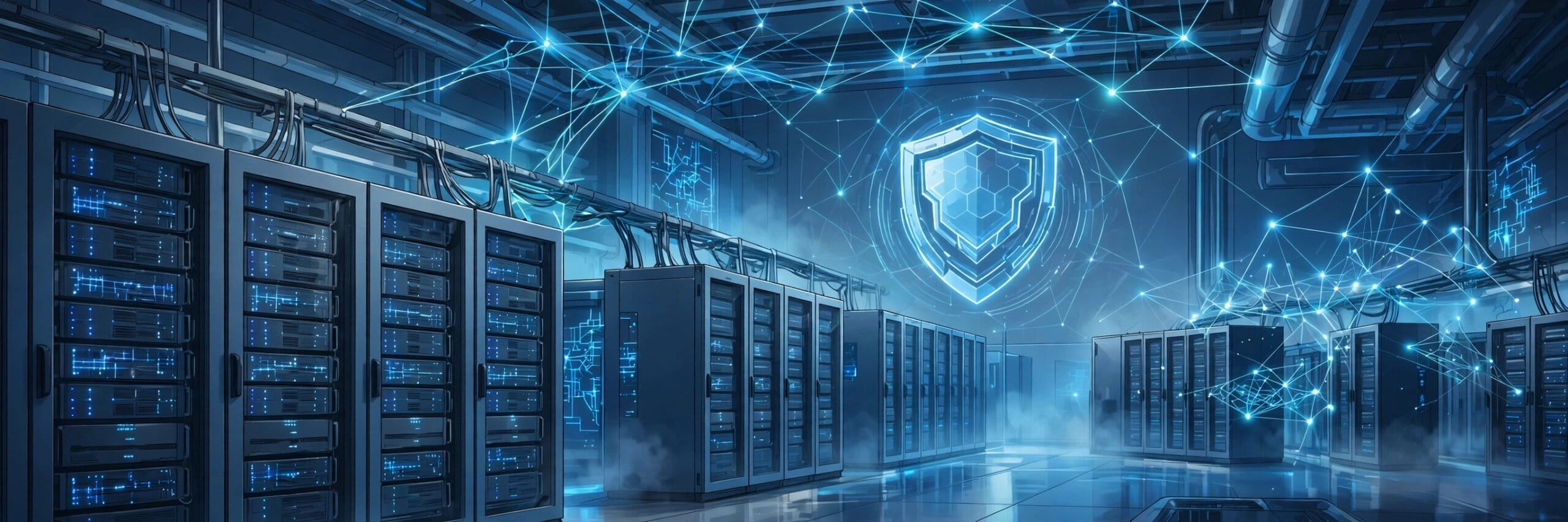 Server room with rows of racks and a glowing shield symbol on the wall
