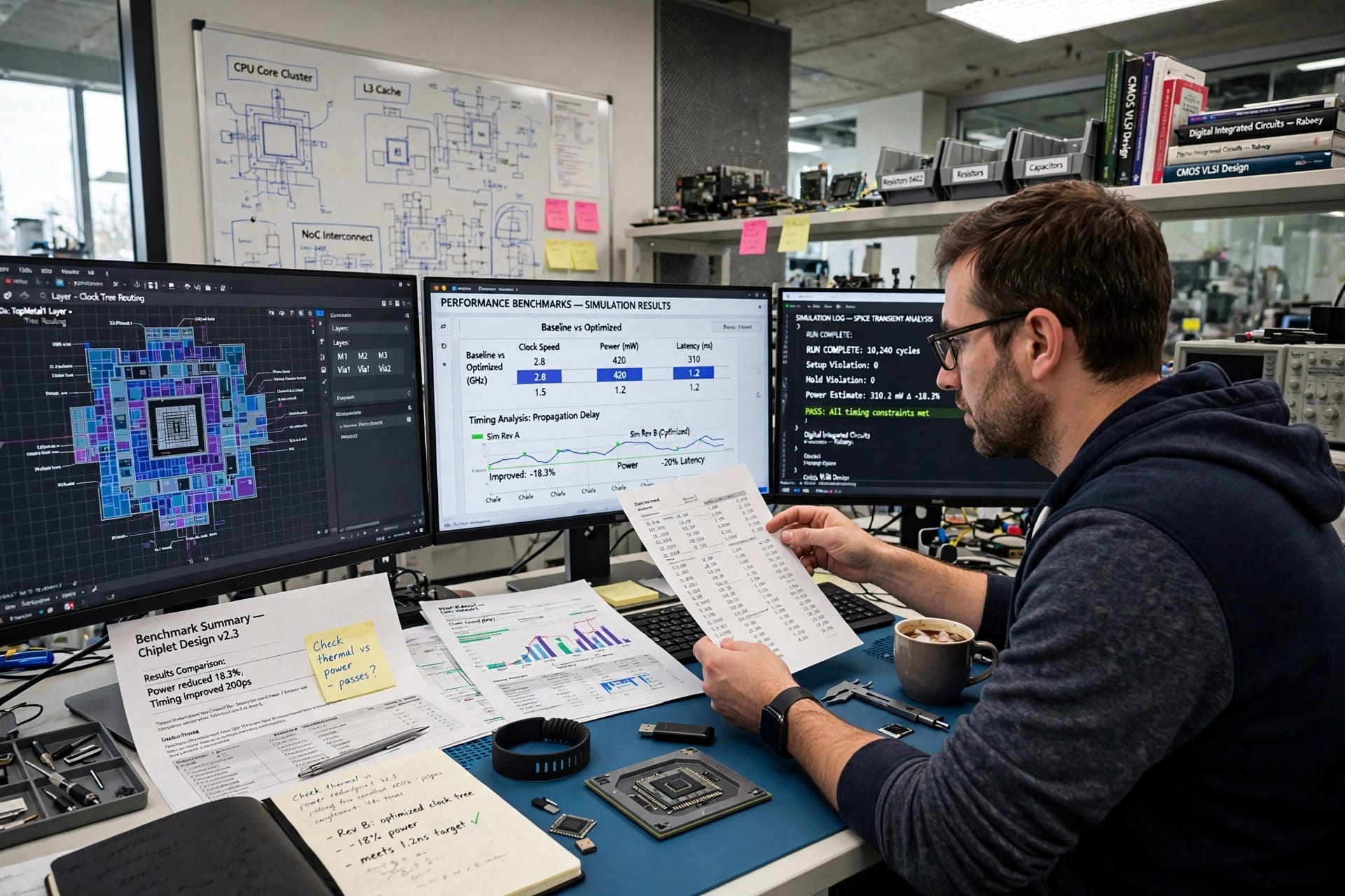 Chip design workstation with EDA layouts and benchmark charts for Mistral and NVIDIA engineering AI evaluations