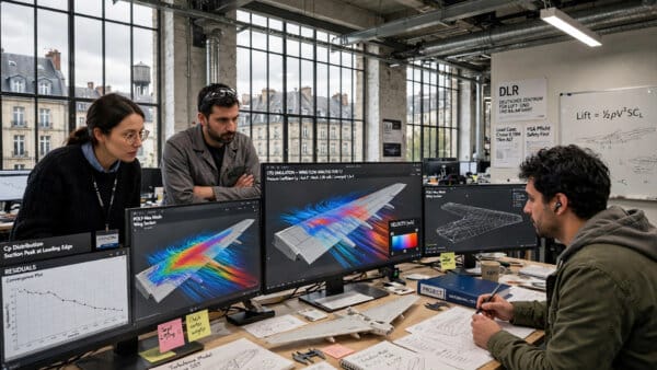 Engineers running a Mistral physics AI simulation of an aircraft wing in an aerospace design office