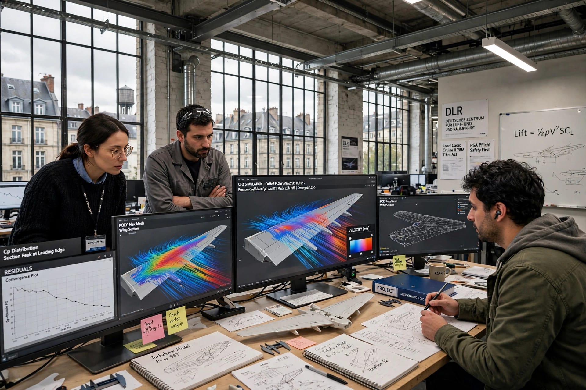 Engineers running a Mistral physics AI simulation of an aircraft wing in an aerospace design office