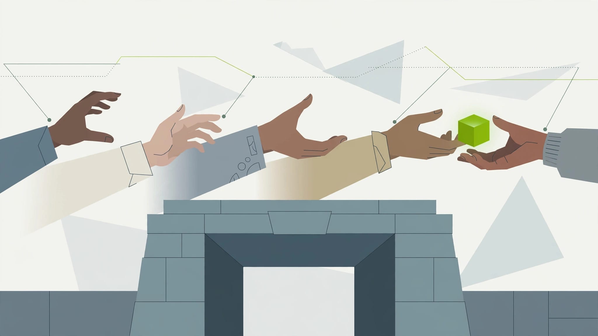 Illustration of hands passing glowing model cubes through an open gate, representing developers sharing Mistral's open-weight models