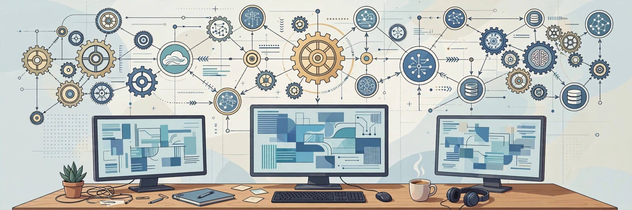 Interconnected agent workflow nodes and gears over a developer desk