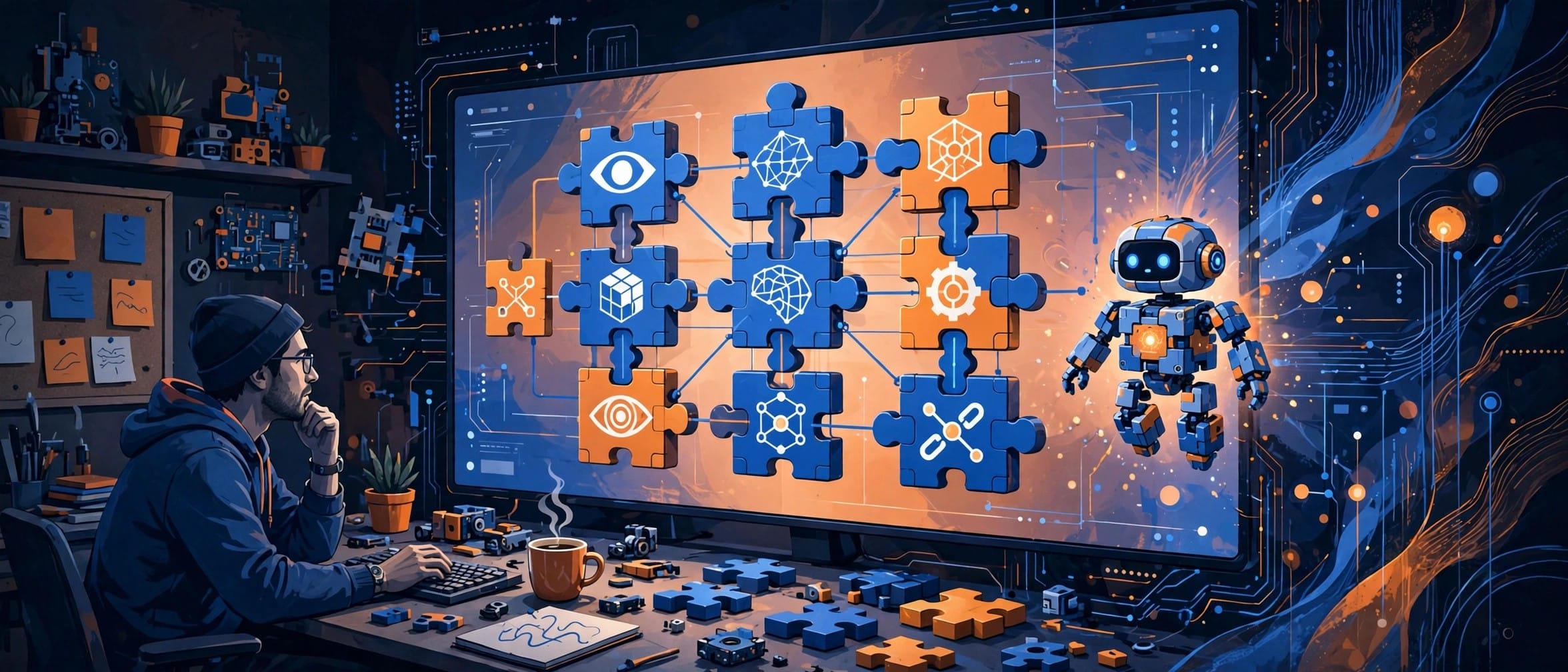 A developer building an AI agent with modular blocks on a large screen
