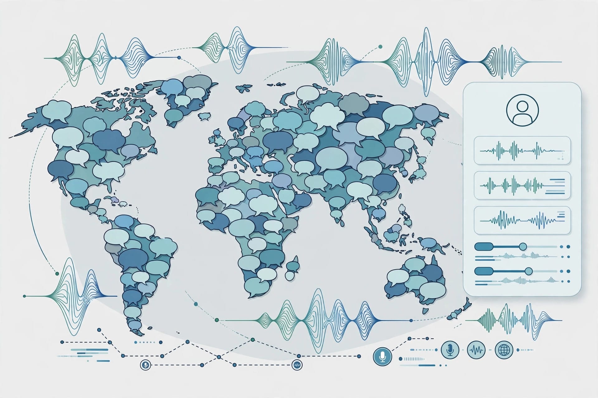 World map of speech bubbles and waveforms for Voxtral 3 transcription in more than 50 languages
