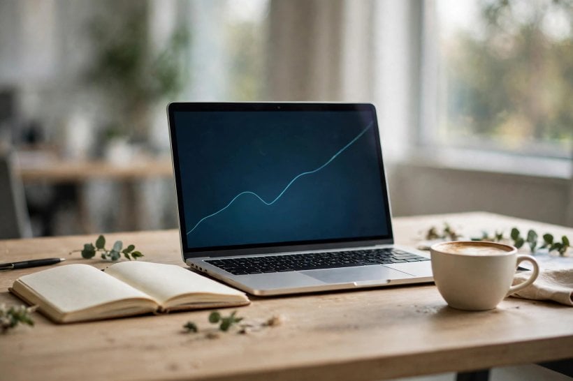 A laptop on a desk showing an abstract rising chart line for AI financing
