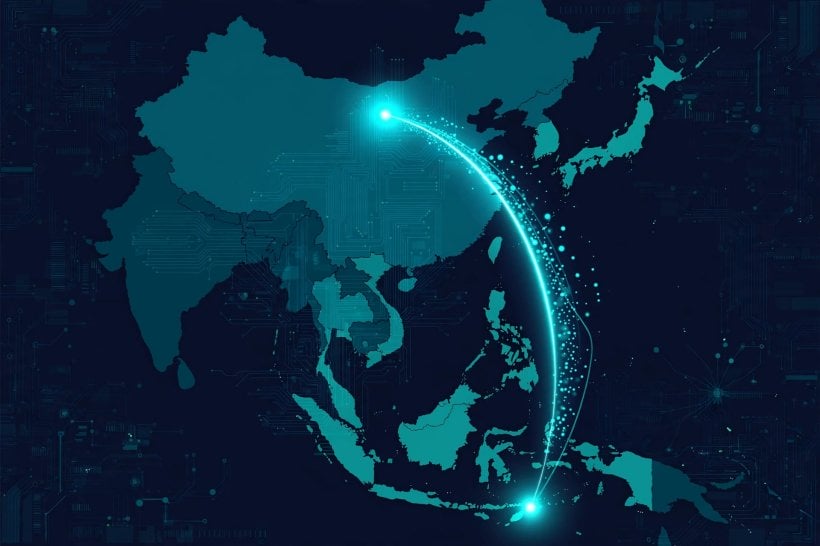 Stylised map linking Beijing and Singapore as Moonshot takes its Kimi models into Southeast Asia
