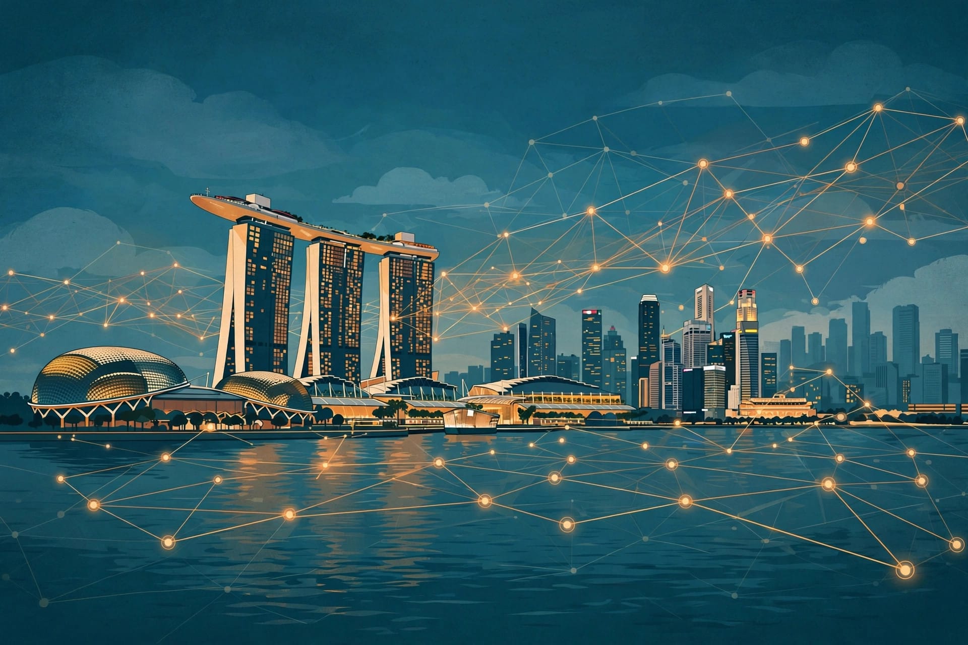 Singapore skyline at dusk with a digital network overlay as Moonshot AI expands into Singapore