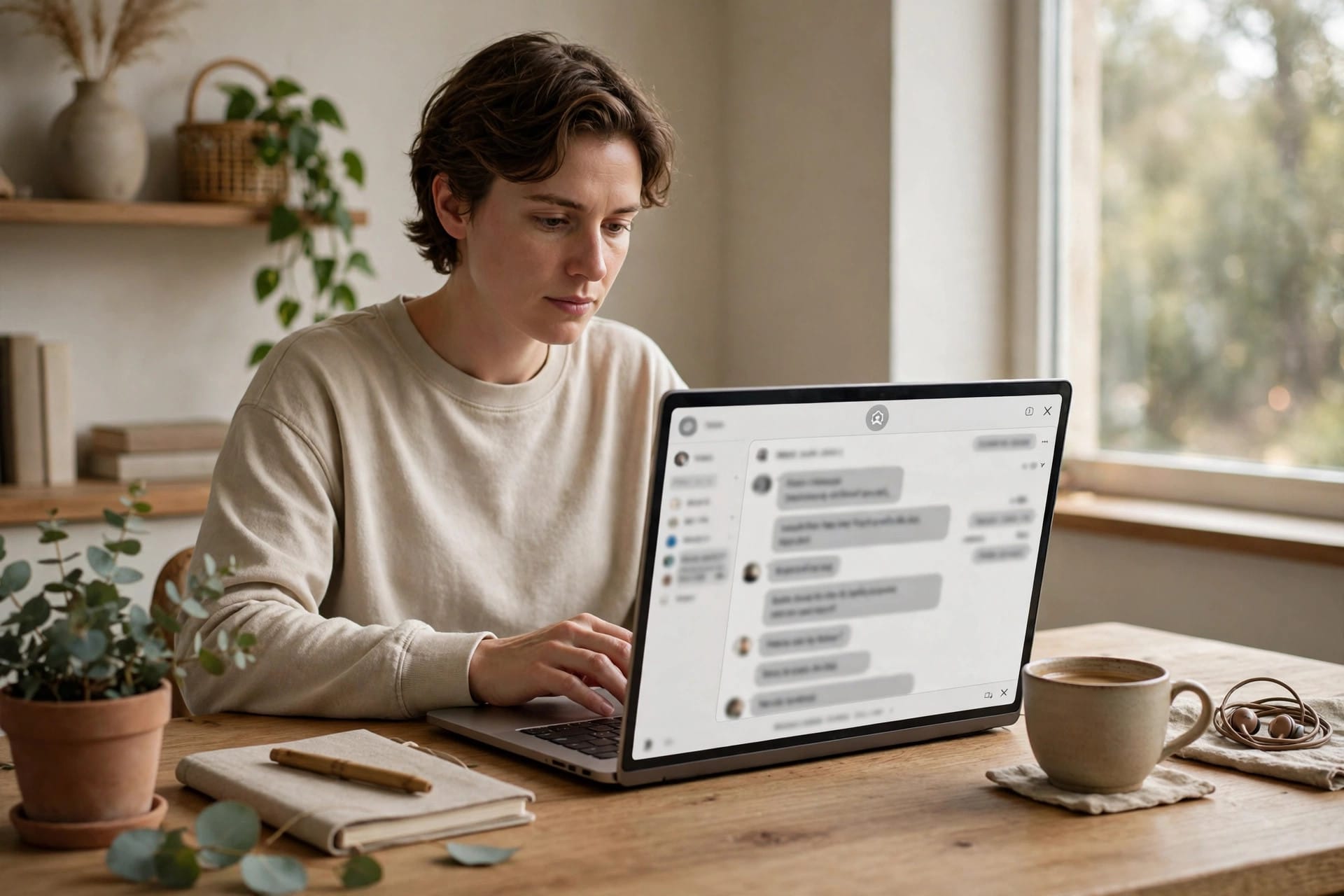 A subscriber working at a laptop with an AI chat window open in a home workspace