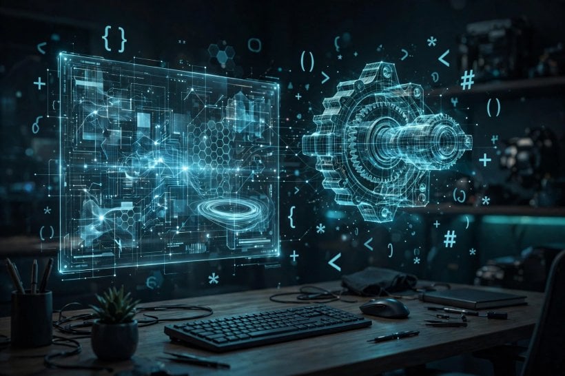 Kimi K3.1 Pro coding and 3D design illustration: holographic terminal beside a floating wireframe mechanical part