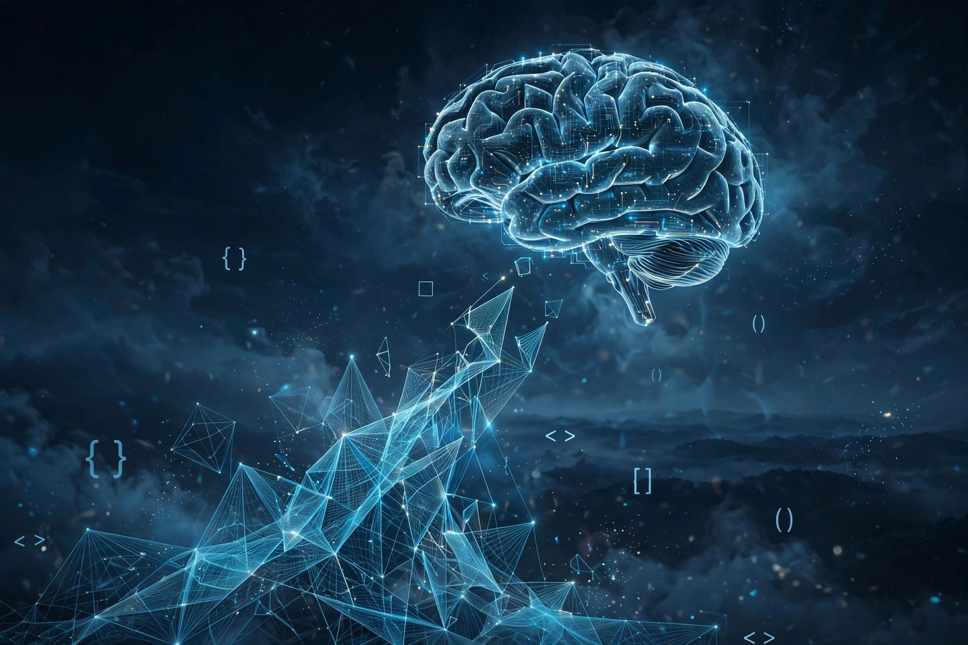 Kimi K3.1 Pro launch illustration: glowing neural-network brain over a dark digital landscape