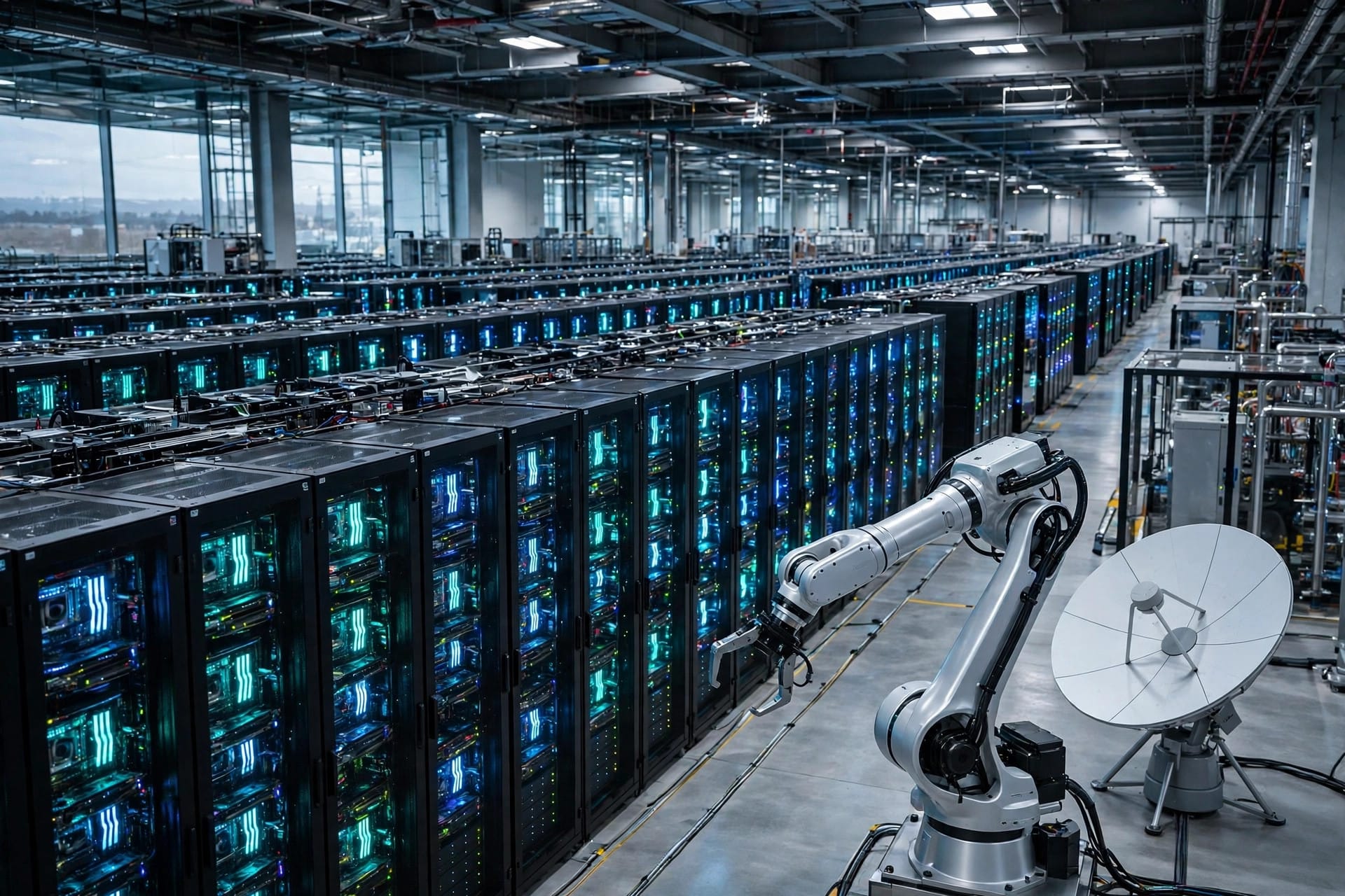 AI data centre racks and a robot arm showing the AI software, chip and robotics overlap behind a SpaceX-Tesla merger