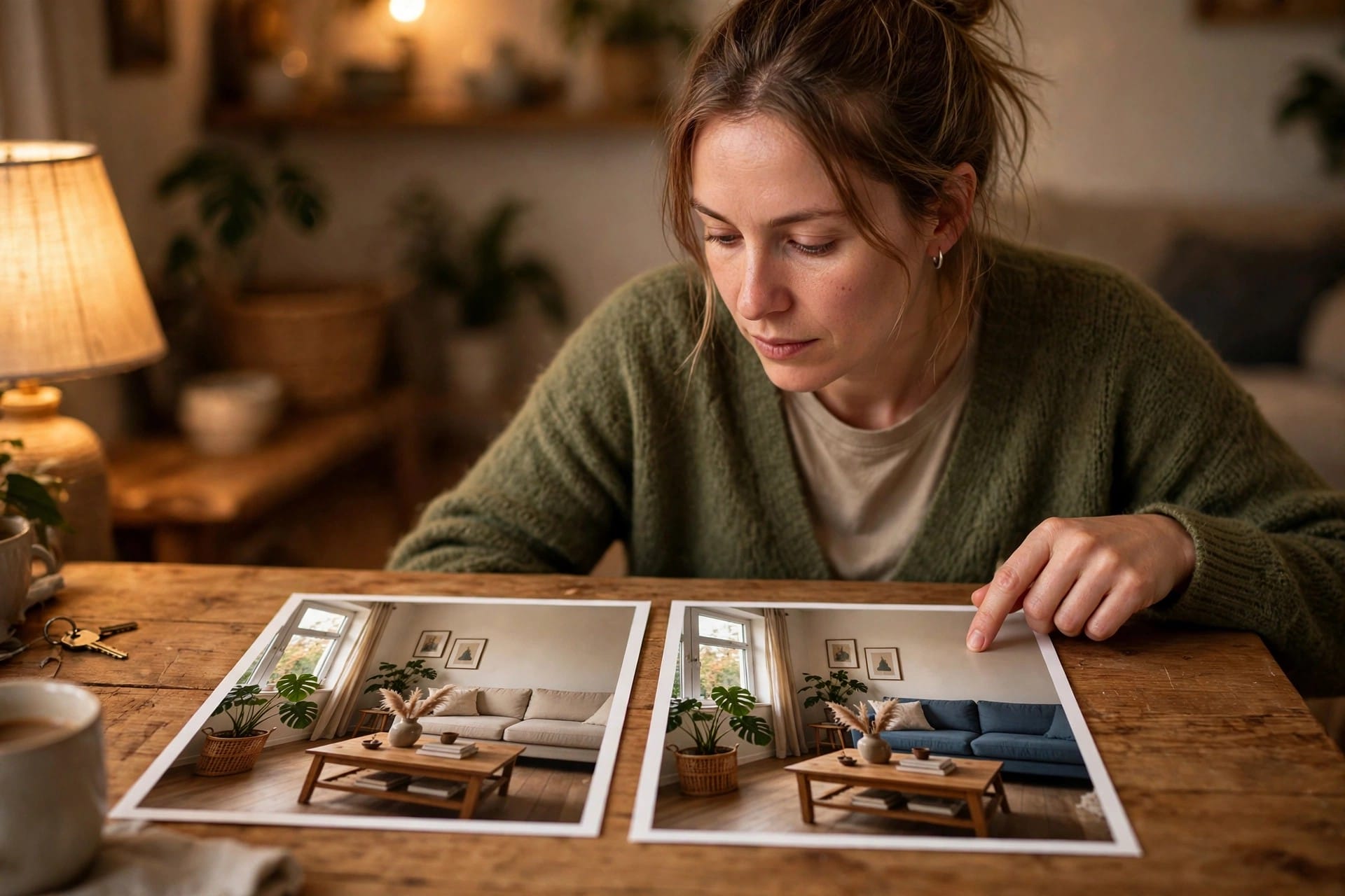 Woman comparing two printed photos of the same living room with a different sofa colour