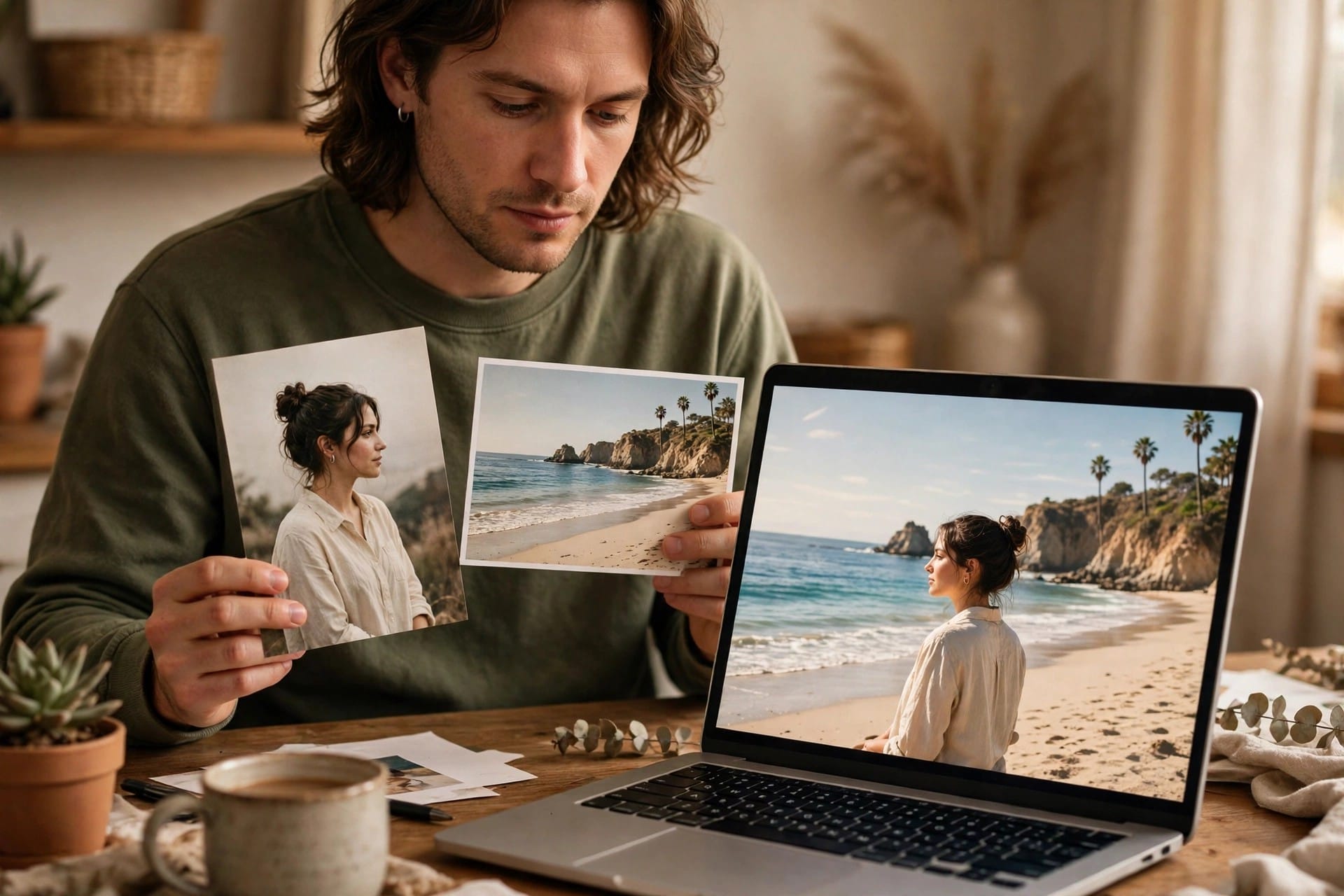Man holding a portrait print and a beach print beside a laptop showing the combined beach portrait