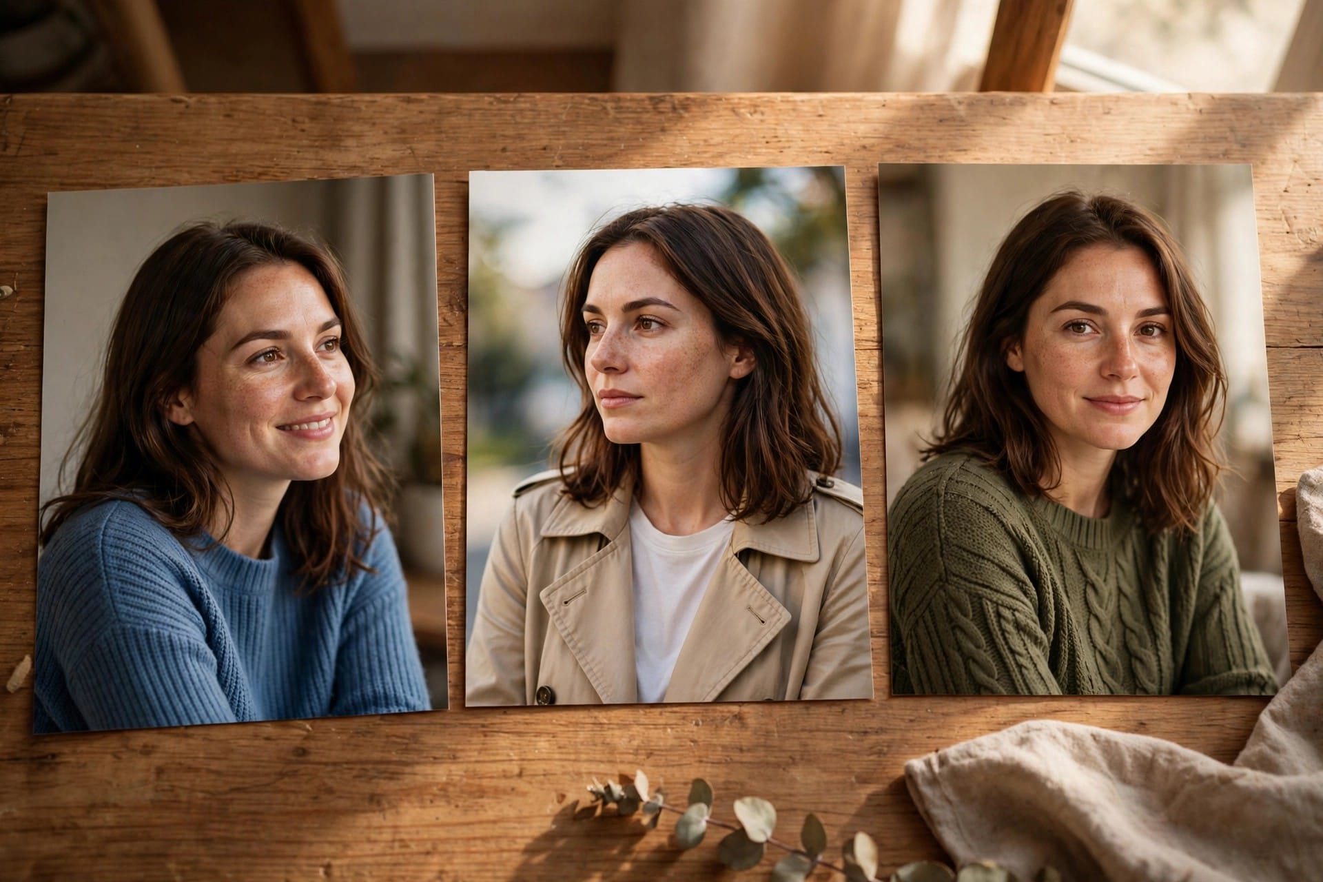 Three printed photos of the same woman in different outfits laid on a wooden table