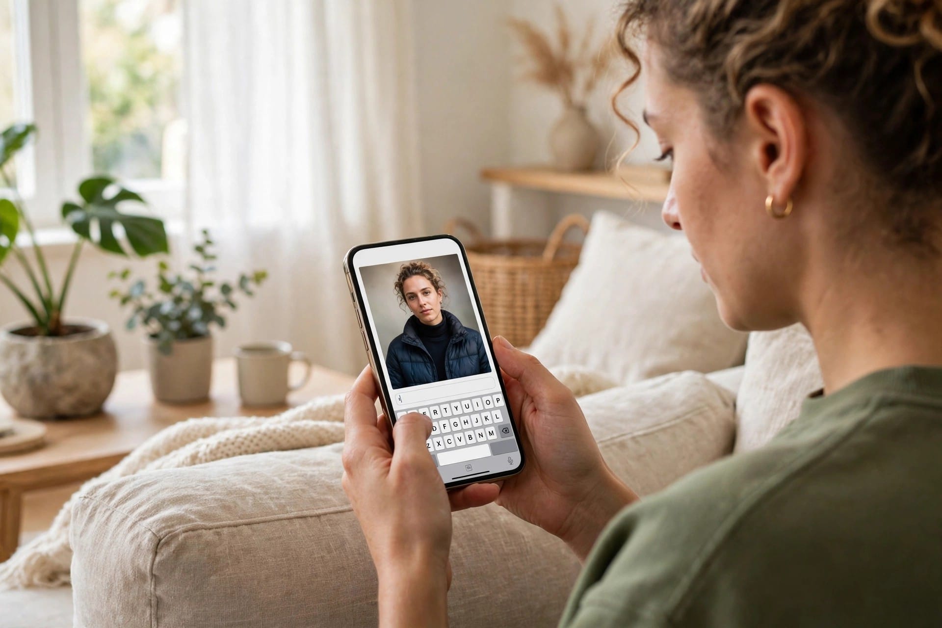 Woman typing a prompt on a phone to edit a portrait photo