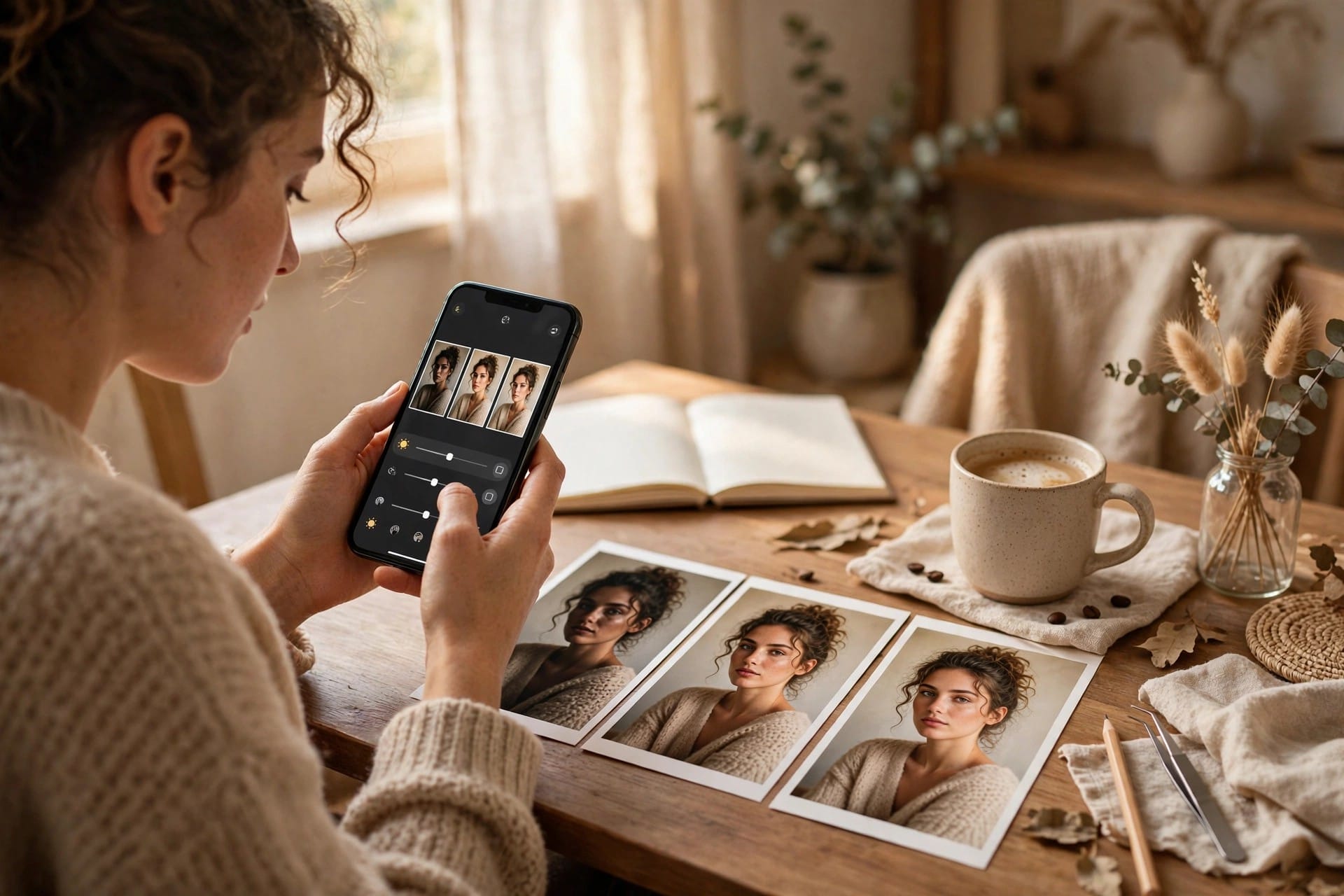 Woman refining the same portrait on a phone editing app with printed versions on the table