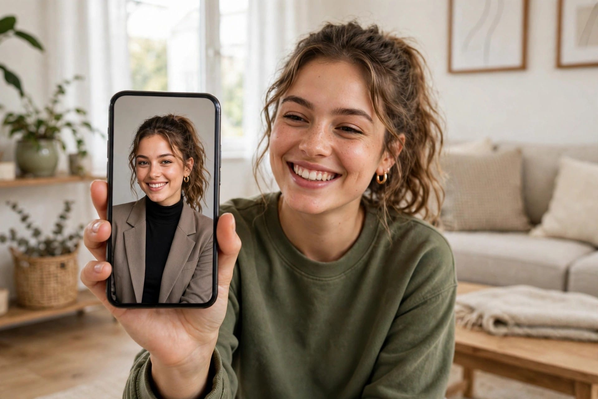 Woman smiling while holding a phone showing an edited portrait of herself in a new outfit
