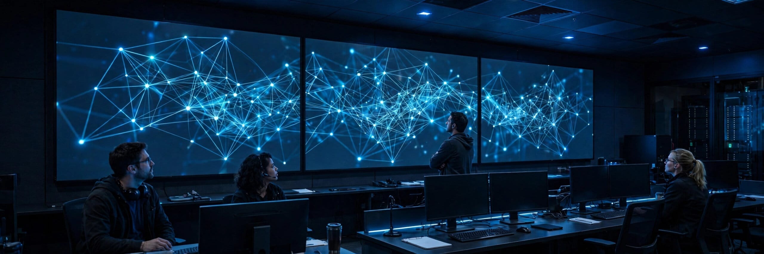 Engineers monitoring network topology in an operations room