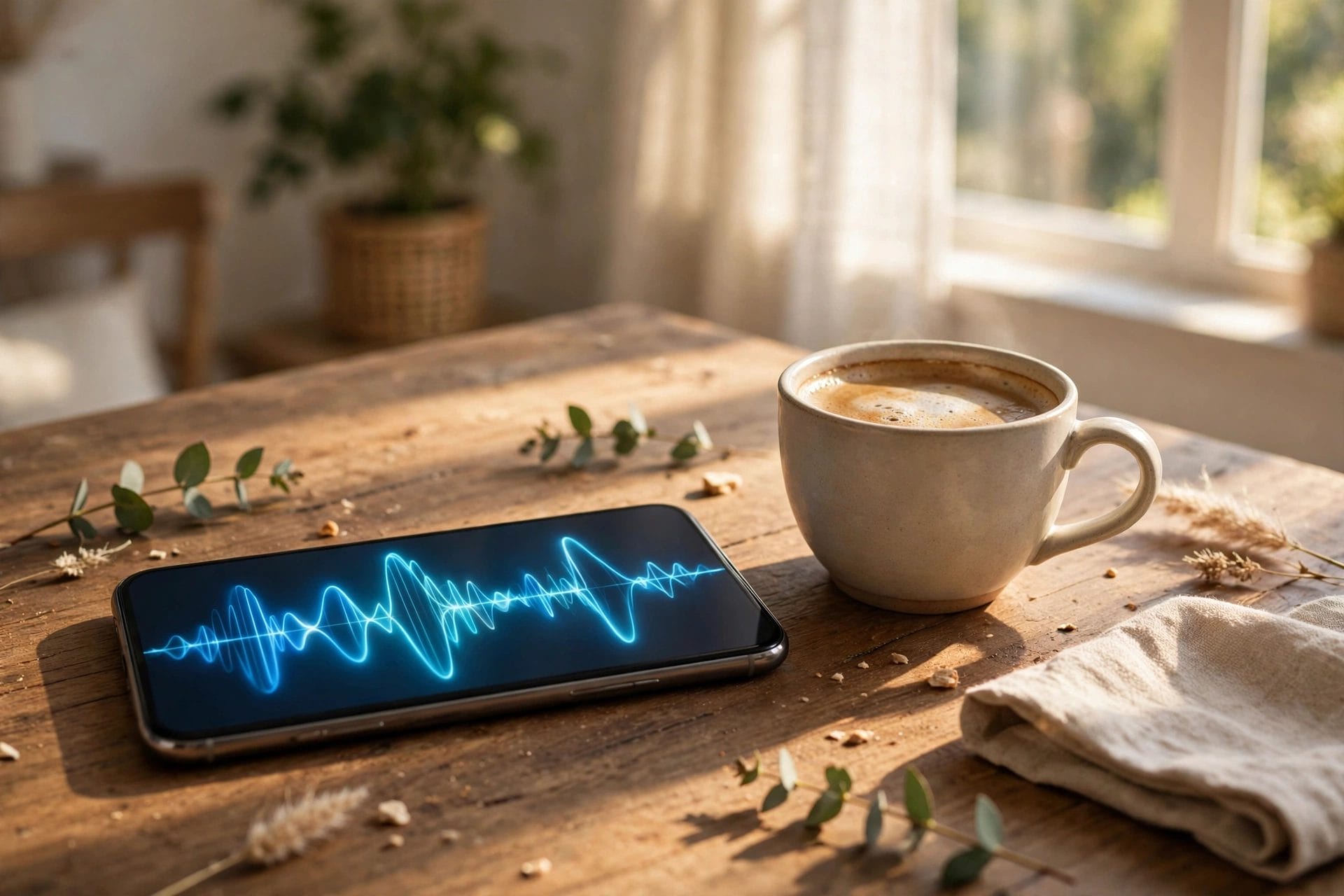 A smartphone on a table showing an abstract glowing sound-wave pattern beside a cup of coffee