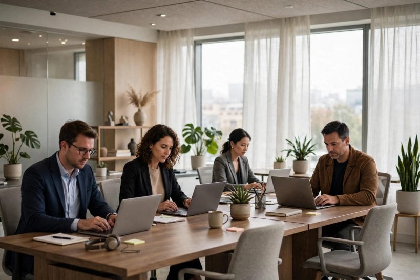 Financial advisors work on laptops in a bright modern office using AI tools for wealth management
